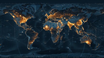 An artistic representation of a world map with vibrant illumination highlighting various regions and depicting major global activities and connections in a stunning visual.