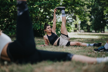 Women participating in a group workout session, performing leg stretches outdoors in a park....