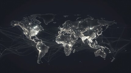 A minimalist design of a world map portraying data connections and illuminated regions, emphasizing modern global communication networks in a simple and elegant manner.