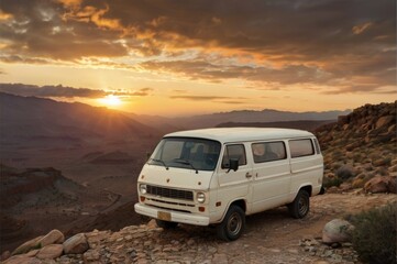 Fototapeta premium vintage white and orange van parked on a rocky, elevated spot, overlooking a stunning landscape at sunset