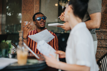 Business partners discussing a new project, planning and analyzing statistics in a modern coffee shop. Team strategizing for successful business outcomes.