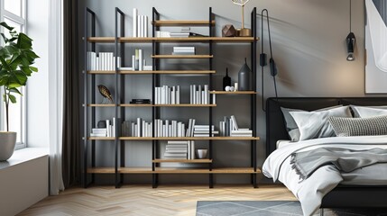 Modern black metal bookshelf with natural wood shelves in a minimalist bedroom, sleek storage solution,