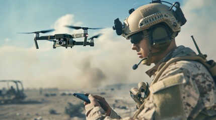Fototapeta premium Soldier operating drone in desert setting. Military tactical scenario portrayal. Modern technology use in defense. Rugged environment with soldier focused on remote control. AI