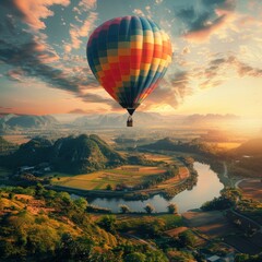 Naklejka premium A high-quality stock image of a colorful hot air balloon soaring over a scenic landscape. The image represents adventure and the beauty of flight. AI generation.