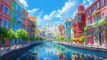 A picturesque canal lined with brightly colored buildings under a sunny sky, creating a vibrant and lively urban scene reminiscent of a charming European town.