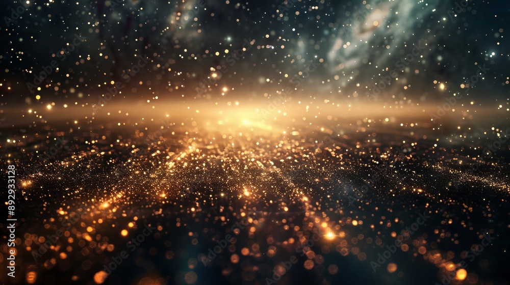 Wall mural a galactic realm with glittering golden particles in space, creating a surreal and otherworldly visu
