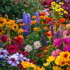 Obraz premium A high-quality stock image of a vibrant flower garden in full bloom. The image showcases the beauty and diversity of flowers. AI generation.