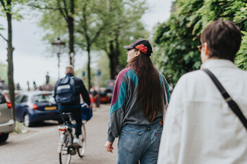 People casually strolling along a tree-lined city street with cars and cyclists, exuding a peaceful, urban vibe