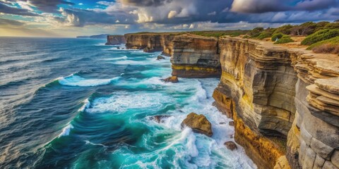 Obraz premium Dramatic coastal cliffs overlooking the crashing waves of the ocean, coastline, sea, landscape, nature, rock formations