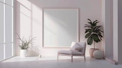 Fototapeta premium Nordic-inspired blank frame mockup. Simple interior design