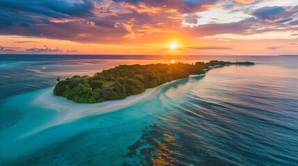 Fototapeta premium A stunning sunset over a tropical island with lush greenery and pristine beach, reflecting in the calm waters, capturing a serene and tranquil moment in nature's beauty.