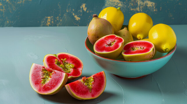 Fresh Red Guava and Lemons Display