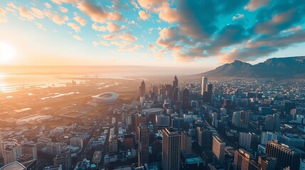 An awe-inspiring aerial view of a city skyline featuring a stadium and towering mountains in the backdrop, beautifully illuminated by the warm hues of the setting sun.