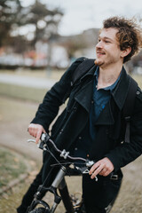 Obraz premium A cheerful young businessman with curly hair holding a bicycle takes a moment to enjoy the outdoor urban setting.