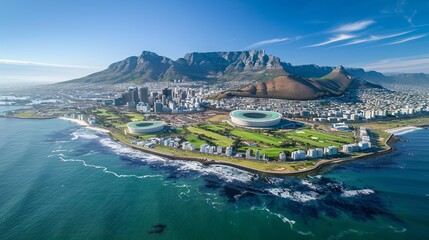A panoramic aerial image capturing an expansive coastal development, featuring two prominent stadiums, green parks, and residential areas, with a stunning mountain range in the distance.