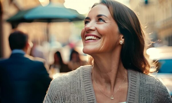 Close-up portrait video of a grinning woman in her 40s that is wearing a chic cardigan against a parisian or european cafe background