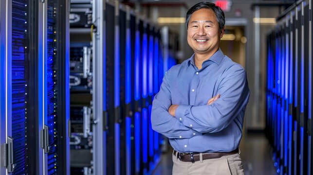 Smiling Asian Male IT Specialist in Server Room with Blue LED Equipment