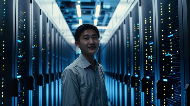 Smiling Asian Male IT Technician Working in Data Center with Blue LEDs