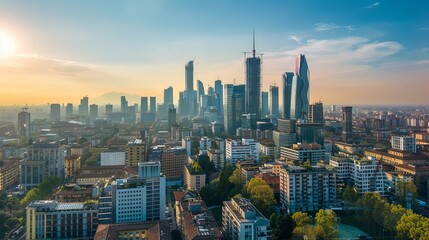 Obraz premium A stunning panoramic view of a city at sunset, featuring modern towers against the backdrop of a vibrant sky, highlighting urban growth, innovation, and architectural elegance.