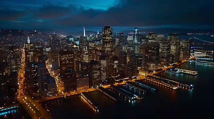 Obraz premium A breathtaking aerial photo of a city's illuminated skyline at night, with a waterfront and piers prominently visible, showcasing the city's urban beauty and vibrance.