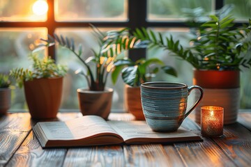 A warm cup of coffee and an open book on a wooden table surrounded by various potted plants, bathed in the soft glow of sunset through a window, symbolizing comfort and tranquility.