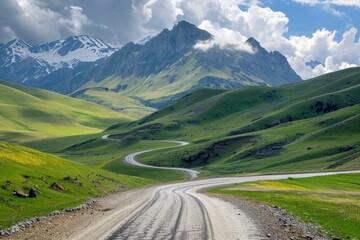 Fototapeta premium Winding road stretches through a vivid green valley with majestic snowcapped mountains under a dynamic sky