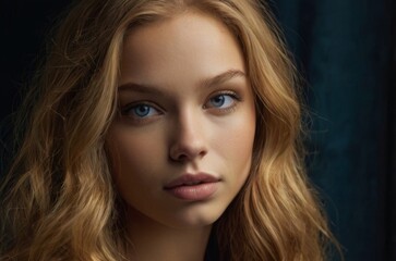 Fototapeta premium young woman with striking facial features, fair skin, caramel blonde hair, blue eyes, long lashes, dark background