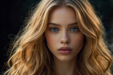 young woman with striking facial features, fair skin, caramel blonde hair, blue eyes, long lashes, dark background