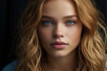 Obraz premium young woman with striking facial features, fair skin, caramel blonde hair, blue eyes, long lashes, dark background