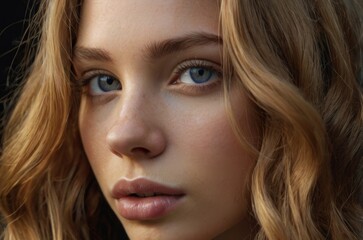 Naklejka premium young woman with striking facial features, fair skin, caramel blonde hair, blue eyes, long lashes, dark background