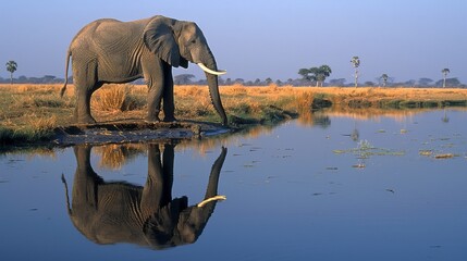 Fototapeta premium A graceful elephant drinks water from a reflective pond set against a vast savanna landscape, with its reflection captured almost perfectly in the clear water under the open sky.