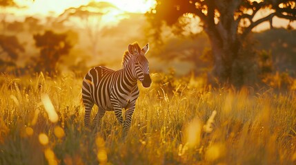 A solitary zebra stands in the savannah grasslands during the golden hour, bathed in warm sunlight, capturing the serene beauty and life of the African wilderness.