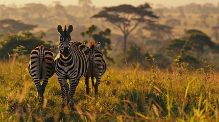 Fototapeta premium In this scenic view, three zebras stand in tall grass with soft morning light casting a gentle glow, illustrating the intimate and tranquil moments of African wildlife.