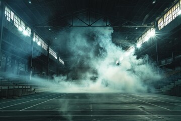 Empty indoor sports hall with atmospheric mist and dramatic lighting