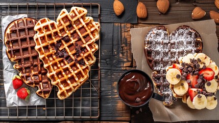 Heart-shaped waffles with chocolate sauce, banana, strawberries, and chocolate chips.