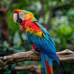 A high-quality stock image of a colorful macaw perched on a branch on a white isolated background. The image highlights the beauty of tropical birds. AI generation.