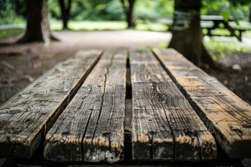 Fototapeta premium Closeup of a weathered picnic table with lush greenery in the background