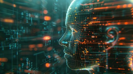 Futuristic AI Computer Head with Glowing Lines and Data Profile