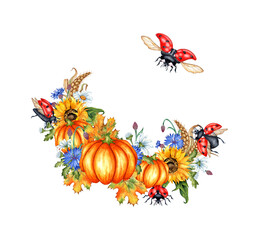 Pumpkins, sunflowers, daisies, cornflower, wheat, autumn leaves and ladybugs wreath watercolor illustration. Symbol of Thanksgiving or Halloween. Autumn season decoration isolated from background.