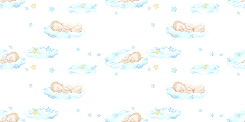 Seamless watercolor pattern sleep baby, sweet dreams, good night. Cute baby is sleeping, sweet dreams baby, good night. Blue cloud, stars. Design for baby shower, birthday. Endless background..