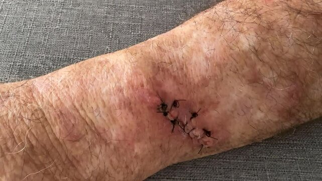Mature man arm with sutures after Mohs surgery for skin cancer removal