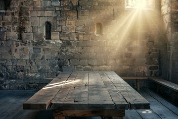 Ancient stone castle interior with a wooden banquet table illuminated by dramatic sun rays