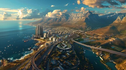 Fototapeta premium A futuristic cityscape with modern architecture, mountains, and expansive coastal highways lit by the setting sun, portraying progress, beauty, and innovation.