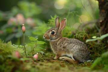 Fototapeta premium Adorable wild rabbit sits peacefully among forest foliage and flowers