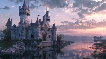 Naklejka premium An enchanting castle is surrounded by a tranquil moat reflecting the mesmerizing twilight sky, presenting a scene infused with magic, beauty, and timeless allure.