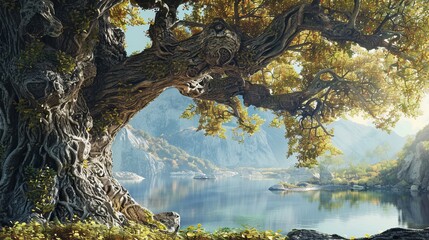 Fototapeta premium A grand oak tree with a thick, gnarled trunk and sprawling branches by a serene lake, surrounded by lush green foliage, exuding timeless beauty and strength.
