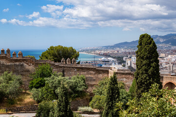Malaga Gibralfaro Walls. Gibralfaro castle (Castillo de Gibralfaro) was built in 929AD on high hill overlooking Malaga city. Malaga, Andalusia, Spain.