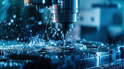 CNC Cutting Process: Injection Mold Part Milling Machine Working with Blue Light Toning