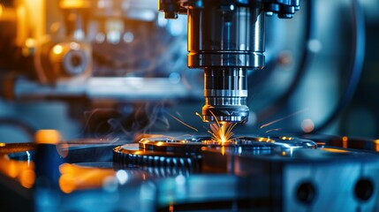 CNC Cutting Process: Injection Mold Part Milling Machine Working with Blue Light Toning