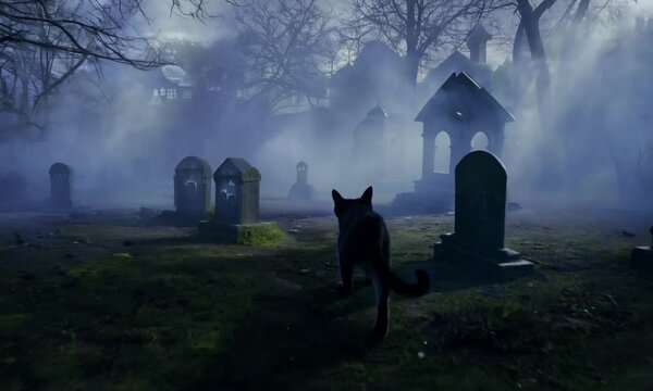 A black cat stands in front of a cemetery. The cemetery is surrounded by trees and fog. The cat appears to be looking at something in the distance 4K Video